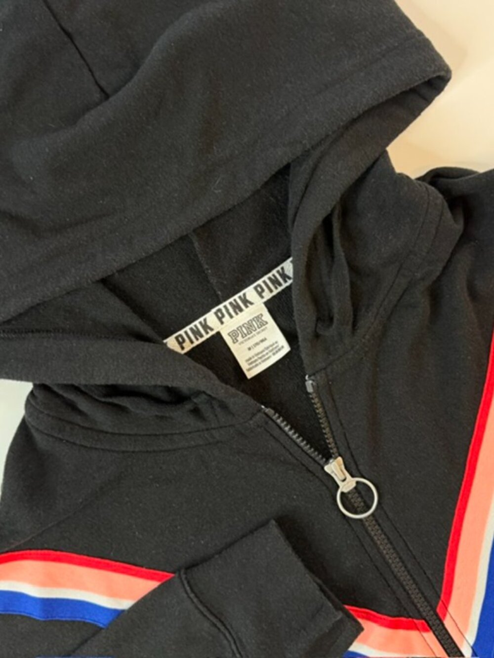 Victoria's Secret PINK Hoodie Women's Medium Black Full Zip Chevron Stripe Logo